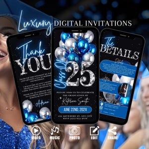 Invitación a fiesta de graduación, invitación animada digital azul con ambiente de graduación, despedida universitaria, invitación para graduados de secundaria, plantilla de tarjeta electrónica autoeditable