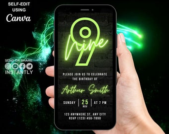 Digital 9th Birthday Party Green Neon Invitation, Electronic Phone Text Message Evite, Editable Animated Template Invite For Boys And Girls