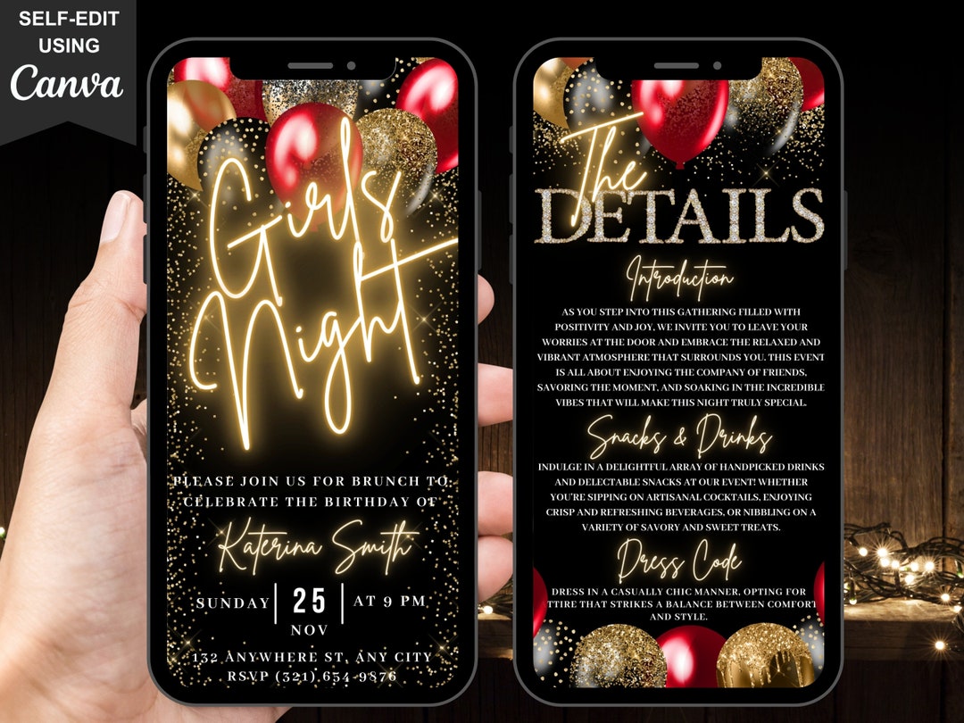 Digital Glam Girls Night Out Invitation, Birthday Invitation Black Red ...