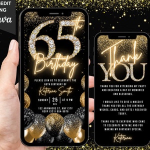 Digitale 65e verjaardagsuitnodiging voor haar, 65 uitnodigen, zwart goud zilver ballon diamant videofeestje voor vrouwen, bewerkbare e-card bedankje