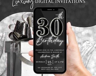 Digital 30th Birthday Party Invitation, Animated Silver Dinner Party Invite For Men, Brunch Evite For Him, Self Editable DIY Itinerary eCard