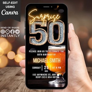 Digital Surprise 50th Birthday Invitation For Men, Beer Invite For Him, Rustic BBQ Fifty Party Evite For Man, Self Editable Template Ecard