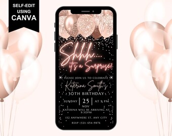 Digital Surprise 30th Birthday Invitation, Rose Gold Thirty Video Invite, Dinner Party Evite For Women, Anniversary Self Editable DIY eCard