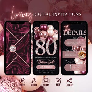 Digital 80th Birthday Invitation, Envelope Rose Gold Burgundy Dinner Invite For Women, Maroon Eighty Evite, Self Edit DIY Template Ecard