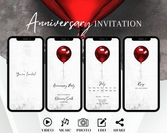 Minimalist Anniversary Party Invitation Wedding, Elegant Vow Renewal Invite, Classy White Red Digital Template, 10th, 20th Editable Ecard