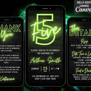 Faire-part numérique pour 5e anniversaire, invitation vidéo néon vert, Eviter l'envoi de SMS pour téléphone, enfants garçons filles, itinéraire modifiable et carte virtuelle de remerciement