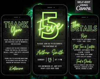 May include: Three green and black phone screen mockups with neon green text. The left screen says "Thank You" and includes a thank you message. The middle screen says "Five" and includes a birthday invitation. The right screen says "The Details" and includes RSVP information for a birthday party.