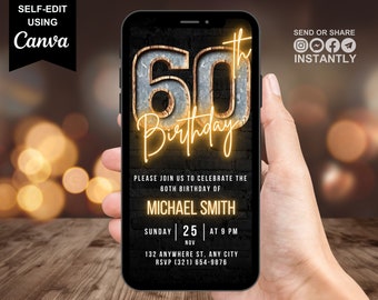 Digital 60th Birthday Invitation For Men, 60 Invite Ecard, Virtual Rustic Marquee BBQ Sixty Party Invite For Him, Self Editable Template