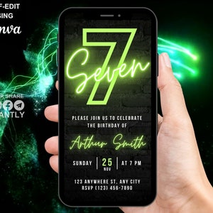 Digital 7th Birthday Party Green Neon Invitation, Electronic Phone Text Message Evite, Editable Animated Template Invite For Boys and Girls
