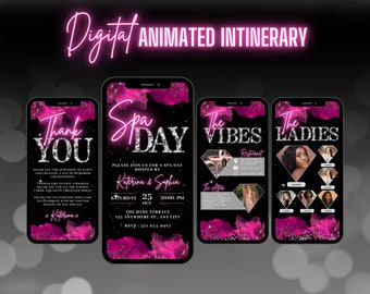 Invitación digital para un día de spa, invitación animada para manicura y pedicura en rosa intenso, invitación de cumpleaños para consentirte, tarjeta electrónica con itinerario autoeditable