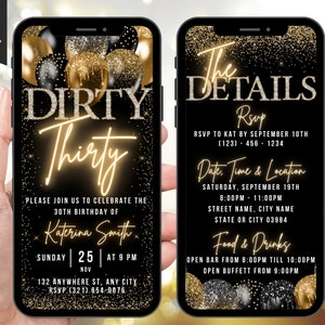 Digitale Dirty 30 verjaardagsuitnodiging voor haar, Thirty and Dirty Invite Evite, zwart goud 30e feestuitnodiging voor hem, bewerkbaar reisplan e-card