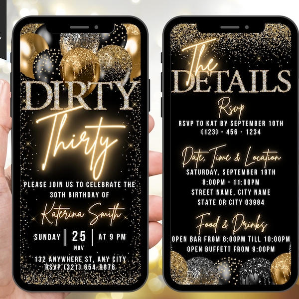 Digitale Dirty 30 Geburtstagseinladung für Sie, Dreißig und Dirty Invite Evite, Black Gold 30th Party Invite Für Ihn, bearbeitbare Reiseplan-eCard