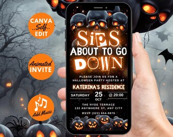 Digital Halloween Sips About To Go Down Party Invitation, Orange Skull Video Invite, Adult Movie Night Evite, Self Editable DIY Event eCard