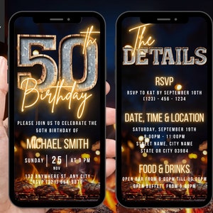 Peut inclure: Une invitation numérique pour une fête de 50e anniversaire sur le thème rustique. L'invitation présente un grand nombre 50 avec une texture en bois et un éclat néon. Le texte "The Details" est en gras, en police métallique. L'invitation comprend la date, l'heure et le lieu de la fête, ainsi que des informations sur la nourriture et les boissons. Les informations de RSVP sont également incluses.