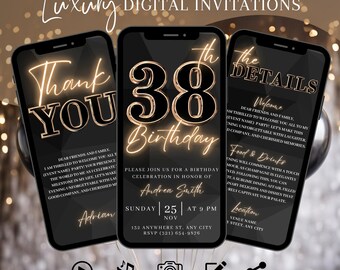 Digital inbjudan till 38-årsfest, animerad middagsinbjudan i svartguld för kvinnor, brunch-event för henne, redigerbar resplanmall för e-kort