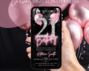 Digital 21st Birthday Invitation, Blush Pink Girls 21 Balloon Diamond Invite For Her, Womens Electronic Evite, Self Editable Template eCard
