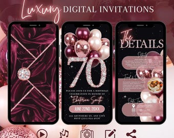 Digital 70th Birthday Invitation, Rose Gold Burgundy Dinner Evite for Women, Editable Envelope Template