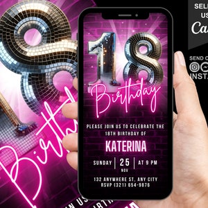Invitación digital para 18 cumpleaños, invitación animada para ella, video de bola de discoteca neón rosa intenso para Evite, plantilla editable de tarjeta electrónica