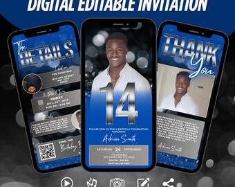 Invitation numérique élégante pour 14e anniversaire pour garçons, faire-part à dîner modifiable pour adolescents, Evite bleu et argent élégant, modèle de luxe