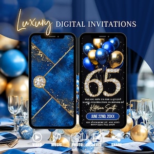 Blue Gold 65th Birthday Invitation, Animated Digital Surprise Invite, Diamond Brunch Evite, Dinner Party Editable Template Ecard For Women