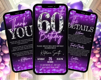 Digital 60th Birthday Invitation, Animated Purple Womens 60 Diamond Invite For Her, Luxury Evite, Editable Video Itinerary & Thank You eCard