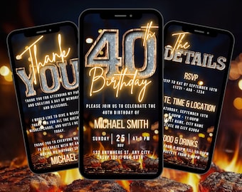 Digital 40th BBQ Birthday Invitation For Men, Backyard BBQ Invite For Him, Rustic Dinner Party Evite For Man, Self Editable Milestone eCard