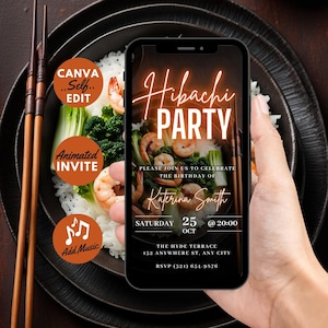Digital Hibachi Flyer Invitation, Animated Birthday Dinner Party Invite, Red Japanese Food Video Evite, Self Edit DIY Custom Template eCard