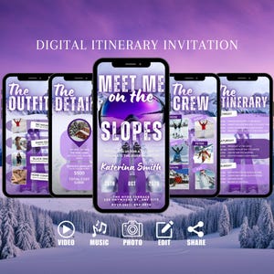 Faire-part de week-end de ski numérique, invitation EVJF, snowboard, rencontrez-moi sur les pistes, fête d'anniversaire violette Evite, carte électronique de planificateur d'itinéraire