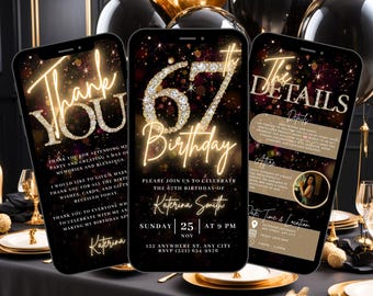 Digital 67th Birthday Invitation, Black Gold Diamond eCard, Elegant Milestone Celebration Template, Editable Self Edit Party Invite for Her