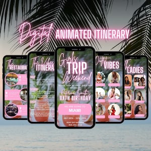 Digital Girls Weekend Trip Invitation, Animated Birthday Travel Itinerary Invite, Pink Palms Miami Vacation Evite, Self Editable Template