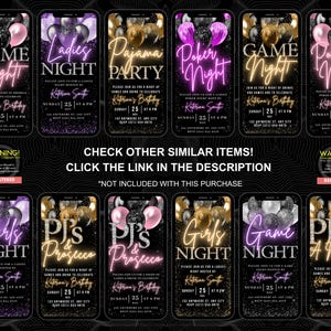 Pu&ograve; includere: Un set di 10 modelli di schermo del telefono digitale per inviti di festa. I modelli presentano uno sfondo nero con glitter e palloncini. Il testo sui modelli include "Serata giochi", "Serata ragazze", "Pigiama party", "Serata poker", "Serata ragazze", "PJ's & Prosecco", "Serata giochi", e "PJ's & Un mistero".
