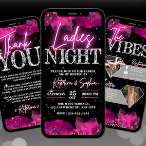 Digital Ladies Night Out Invitation, Animated Hot Pink Birthday Invite, Bachelorette Party Evite, Self Editable Itinerary & Thank You eCard