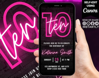 Puede incluir: Una invitación digital de cumpleaños con un letrero de neón rosa que dice "ten" sobre un fondo de ladrillo negro. La invitación es para la fiesta de cumpleaños número 10 de Katerina Smith, que se celebrará el domingo 25 de noviembre a las 7 PM. La invitación incluye la dirección y la información de RSVP.