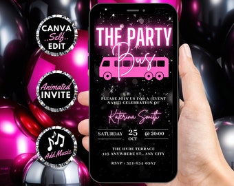 Digital Party Bus Birthday Invitation, Animated Limo Party Invite, Neon Pink Ladies Night Evite, Self Editable Itinerary Template eCard