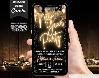 Può includere: Un invito digitale nero e dorato per una festa di Capodanno. L'invito presenta un cartello al neon che dice "New Year Party" con coriandoli e palloncini dorati. Il testo sull'invito recita: "Unisciti a noi per una festa di celebrazione del nuovo anno ospitata da Katerina & Adrian, domenica 25 novembre alle 21:00, 132 Anywhere St., Any City, RSVP (321) 654-9876."