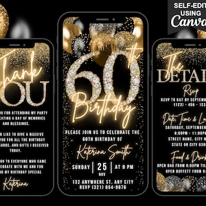 Digital 60th Birthday Invitation, 60 Invite, Black Gold Balloon Diamond Video Party Invite Black Tie, Editable Itinerary & Thank You eCard