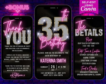 Faire-part numérique pour 35e anniversaire, invitation animée rose bling-bling pour 35e anniversaire, message téléphonique Evite, itinéraire Canva modifiable et carte virtuelle de remerciement