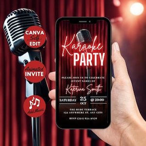 Digitale karaoke-uitnodiging, geanimeerde verjaardag muziek nacht feestuitnodiging, zingende muzikale rode gordijn Evite, zelf bewerkbare DIY sjabloon e-card