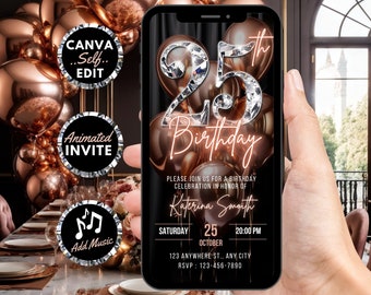 Invito digitale per il 25° compleanno, invito animato per una cena tra donne, invito digitale per brunch con palloncini color oro rosa e diamanti, modello eCard modificabile.