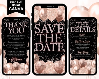 Save The Date Digitale Einladung, elektronische Geburtstag, Überraschung, Jubiläumsparty einladen, Rose Gold Diamanten, Text Evite, Danke Ecard