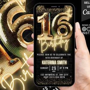 Digitale Einladung zum 16. Geburtstag, animierte Sweet Sixteen Party-Einladung für Mädchen, Video Gold Neon Disco Ball Evite, bearbeitbare Vorlage eCard