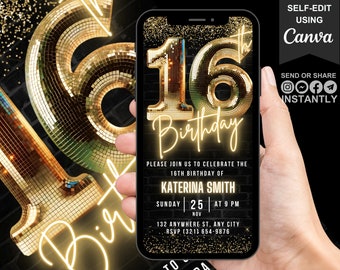 Invitación animada de cumpleaños número 16 para niño, invitación digital con purpurina dorada estilo discoteca, invitación editable para fiesta en negro neón, plantilla de Canva para invitación telefónica