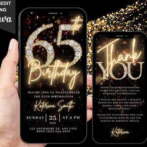 Digital 65th Birthday Party Video Invitation, 65th Invite For Her, Animated Black Gold Silver Diamond Evite, Self Editable Thank You eCard