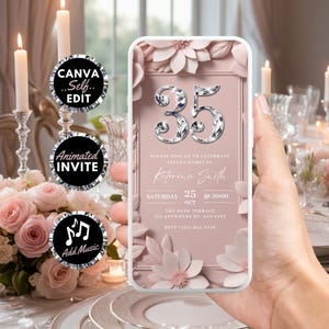 Digital 35th Birthday Invitation, Surprise 35 Dinner Party Invite, Elegant Soft Pink Video Evite For Women, Self Edit DIY Template eCard