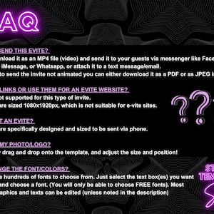 May include: FAQ about Evite templates, including how to send, add links, print, and customize with photos, logos, fonts, and colors. The text "STUDIO TEMPLATE Store" is in pink neon.