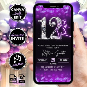 Digitale Einladung zum 12. Geburtstag, animierte Glitzer Lila Zwölf Party einladen, Mädchen Neon Ten Evite, selbst bearbeitbare Canva Vorlage eCard