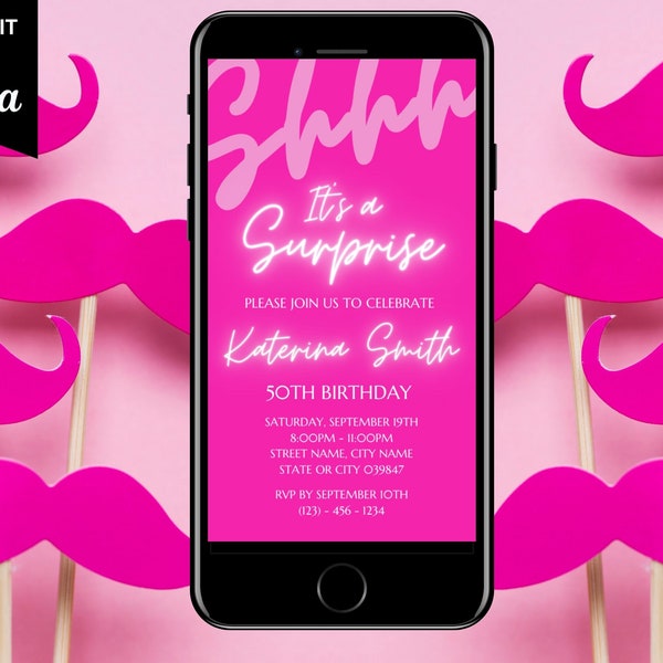 Digital Shh Its A Surprise Invitation, Animated Pink Birthday Invite For Women, Hot Pink Brunch Dinner Party Evite, Editable Template eCard