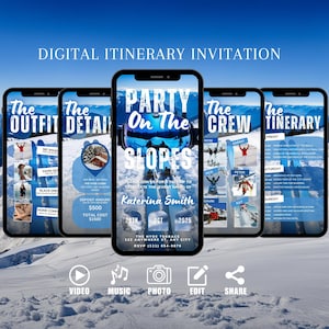 Carte numérique d'invitation pour un week-end de ski et de snowboard, EVJF sur les pistes bleues, anniversaire, itinéraire de voyage pour les vacances, bricolage