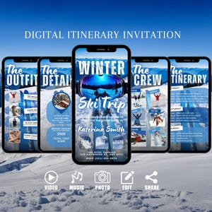 Invitation numérique pour week-end de ski et de snowboard, invitation EVJF, rejoignez-nous sur les pistes bleues, carte électronique DIY planificateur d'itinéraire de voyage de fête d'anniversaire