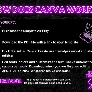 May include: A pink neon sign with the text "HOW DOES CANVA WORK?" and a list of steps on how to use Canva to edit a template purchased on Etsy. The steps include downloading a PDF file with a link to the template, clicking the link in Canva, creating a username and password, editing fonts and colors, and saving the finished product as a JPG, PDF, or PNG file.